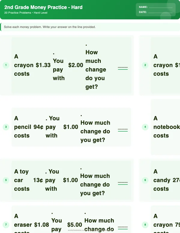 2nd Grade Money Worksheets - Dinosaur Theme (Hard)