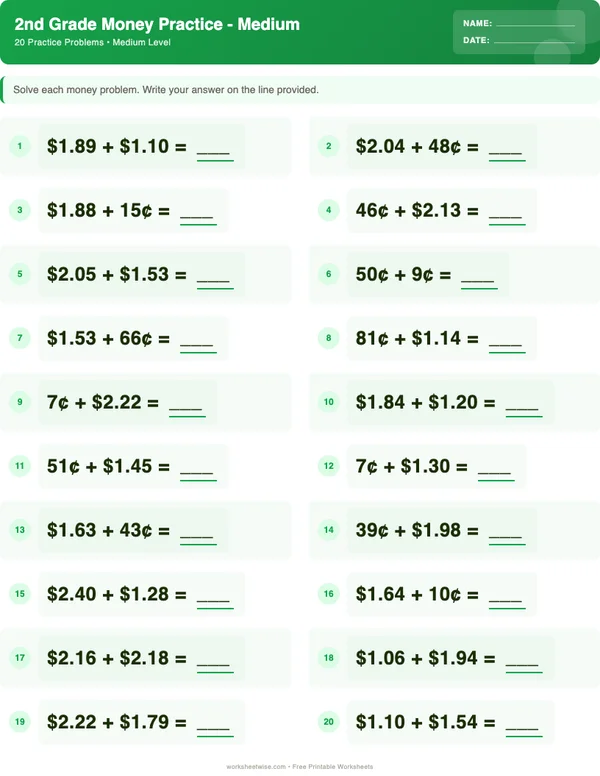 2nd Grade Money Worksheets - Dinosaur Theme (Medium)