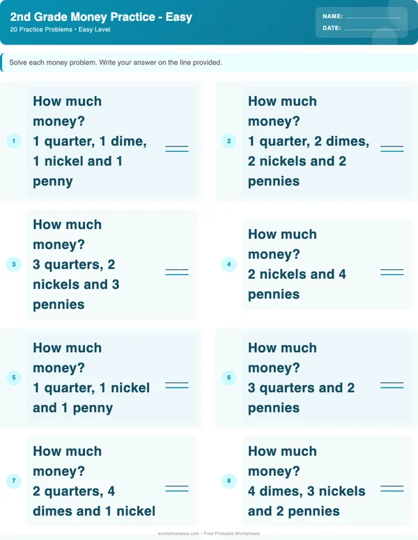 2nd Grade Money Worksheets - Ocean Theme (Easy)