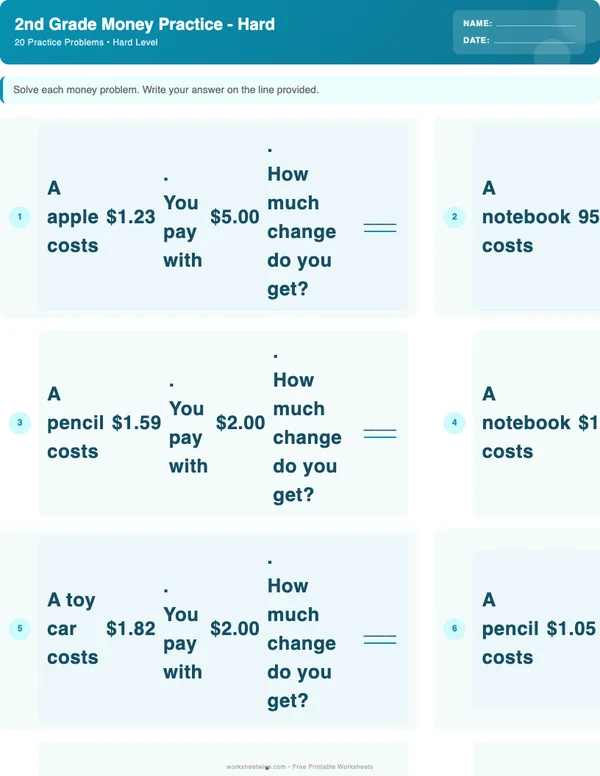 2nd Grade Money Worksheets - Ocean Theme (Hard)