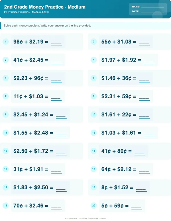 2nd Grade Money Worksheets - Ocean Theme (Medium)