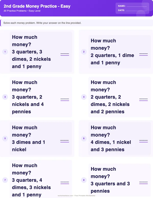 2nd Grade Money Worksheets - Space Theme (Easy)