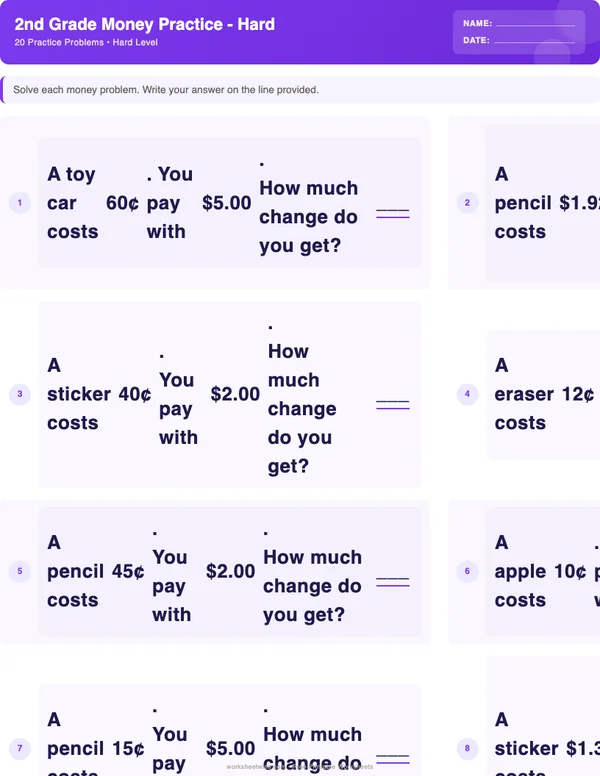 2nd Grade Money Worksheets - Space Theme (Hard)