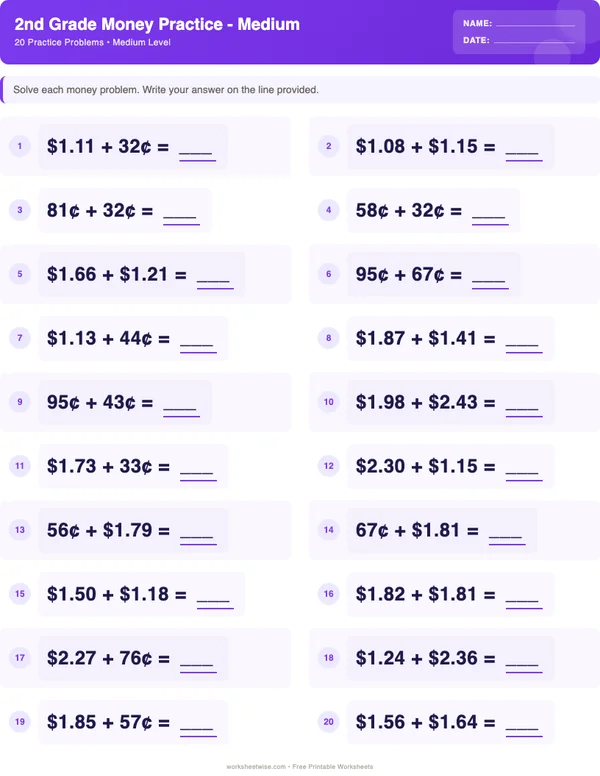 2nd Grade Money Worksheets - Space Theme (Medium)