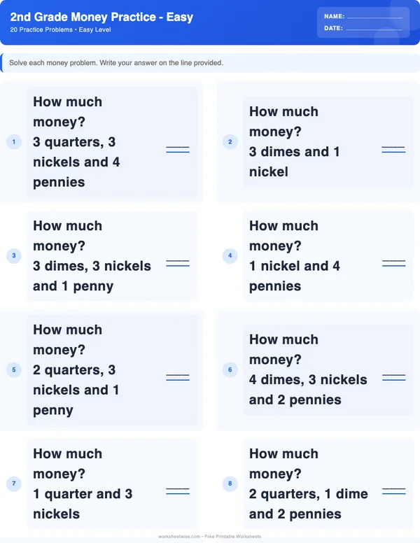 2nd Grade Money Worksheets - Standard Theme (Easy)