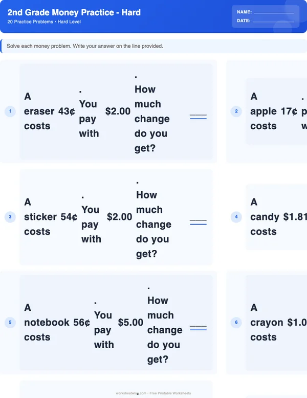 2nd Grade Money Worksheets - Standard Theme (Hard)