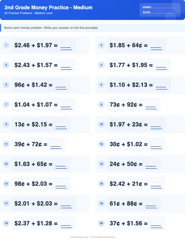 2nd Grade Money Worksheets - Standard Theme (Medium)