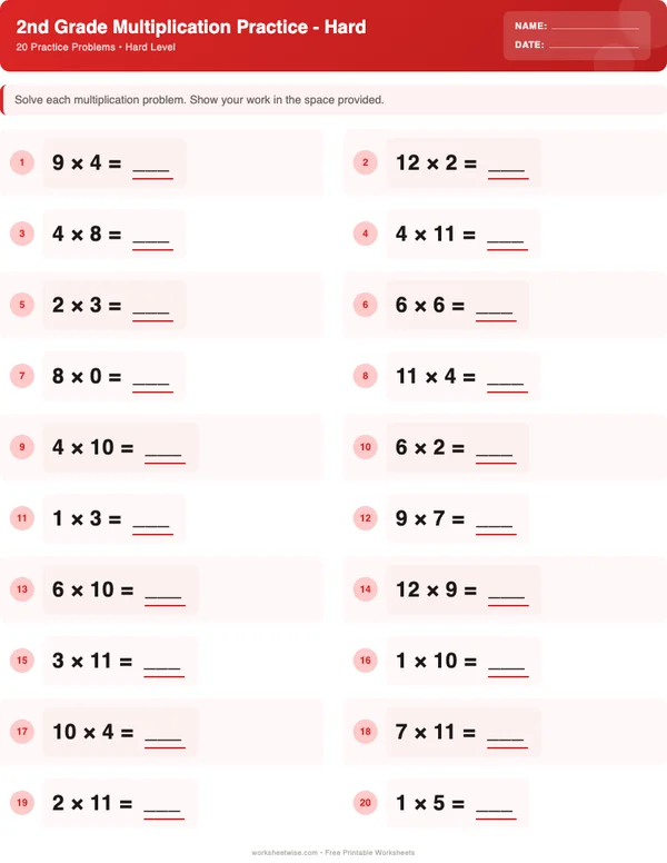 2nd Grade Multiplication Worksheets - Christmas Theme (Hard)