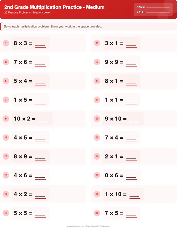 2nd Grade Multiplication Worksheets - Christmas Theme (Medium)