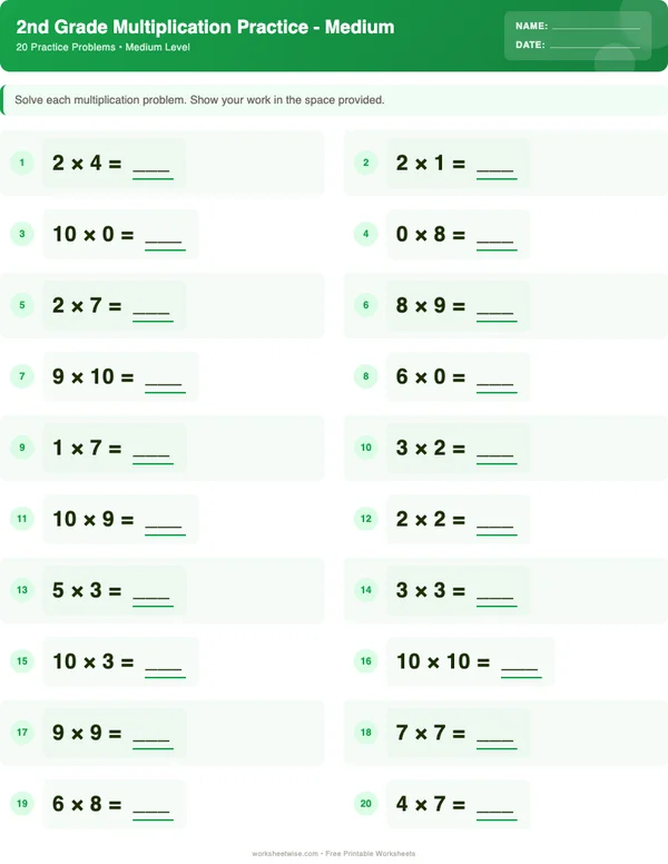 2nd Grade Multiplication Worksheets - Dinosaur Theme (Medium)