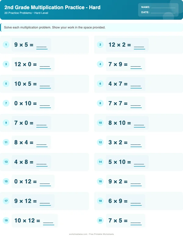 2nd Grade Multiplication Worksheets - Ocean Theme (Hard)