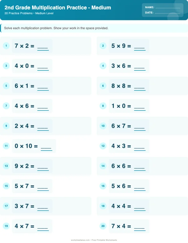 2nd Grade Multiplication Worksheets - Ocean Theme (Medium)