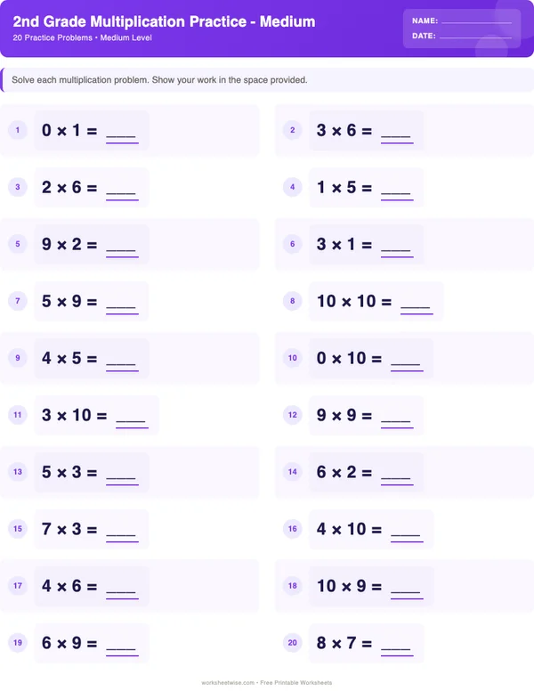2nd Grade Multiplication Worksheets - Space Theme (Medium)