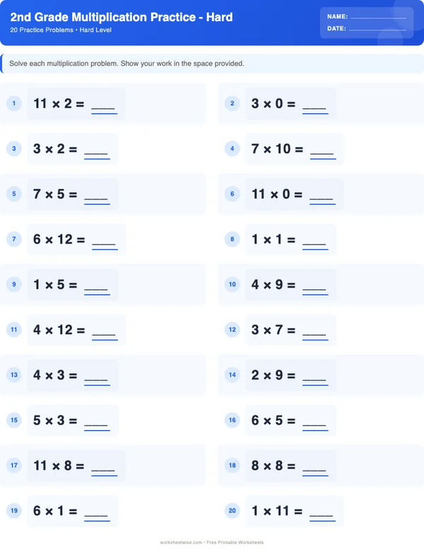 2nd Grade Multiplication Worksheets - Standard Theme (Hard)