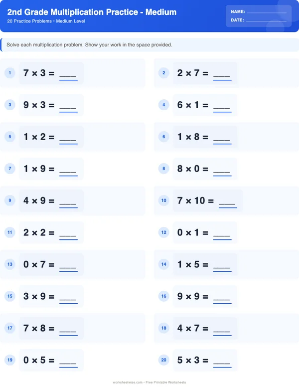 2nd Grade Multiplication Worksheets - Standard Theme (Medium)