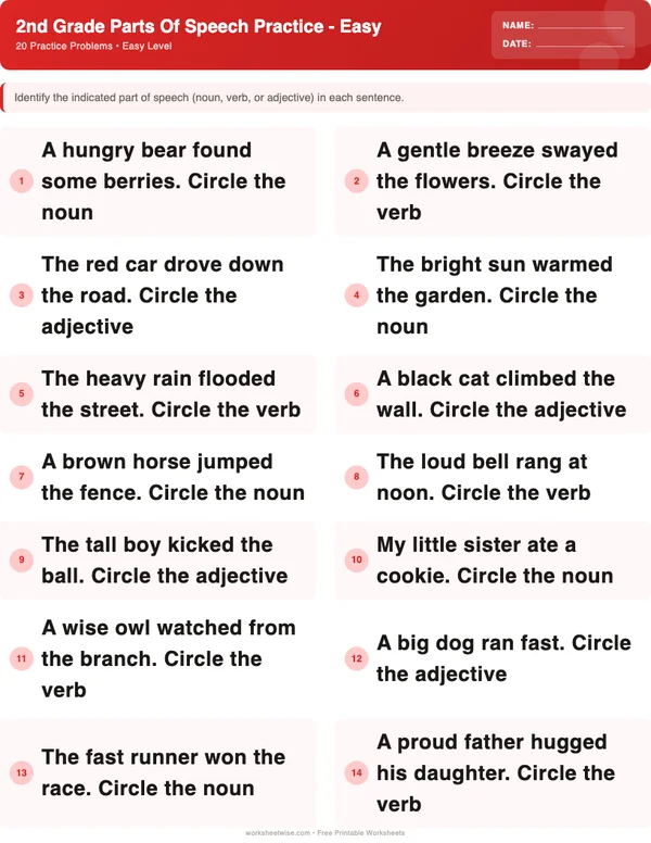 2nd Grade Parts of Speech Worksheets - Christmas Theme (Easy)