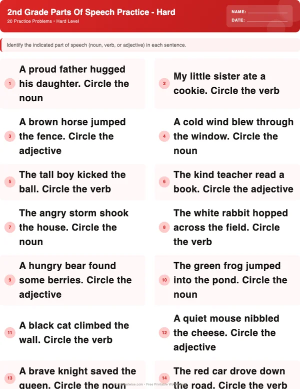 2nd Grade Parts of Speech Worksheets - Christmas Theme (Hard)