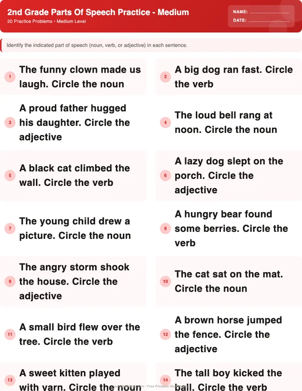 2nd Grade Parts of Speech Worksheets - Christmas Theme (Medium)