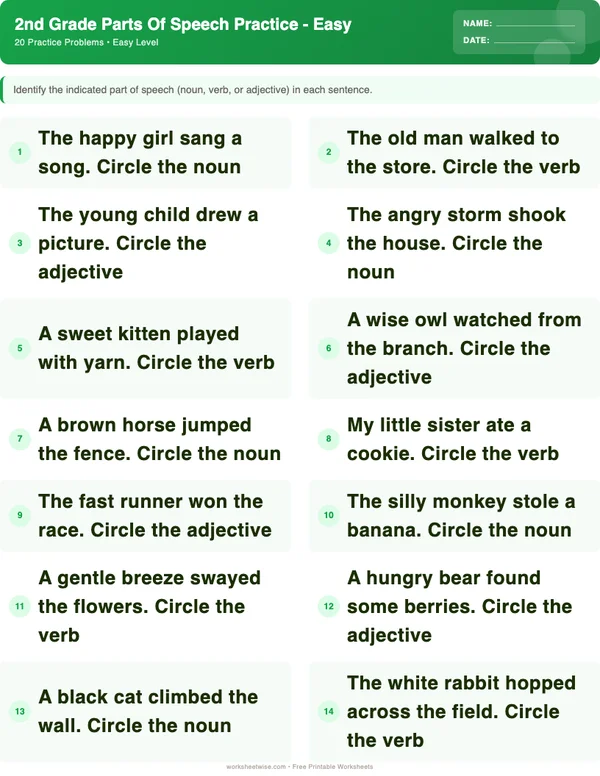 2nd Grade Parts of Speech Worksheets - Dinosaur Theme (Easy)