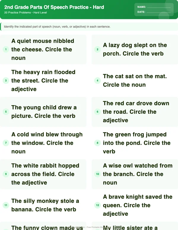 2nd Grade Parts of Speech Worksheets - Dinosaur Theme (Hard)