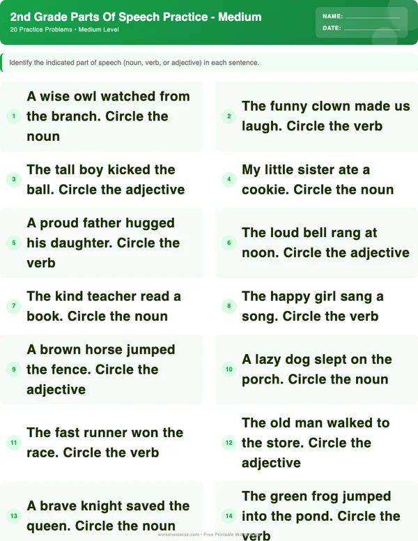 2nd Grade Parts of Speech Worksheets - Dinosaur Theme (Medium)