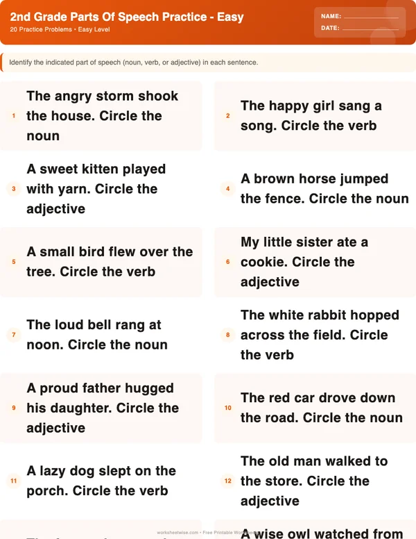2nd Grade Parts of Speech Worksheets - Halloween Theme (Easy)