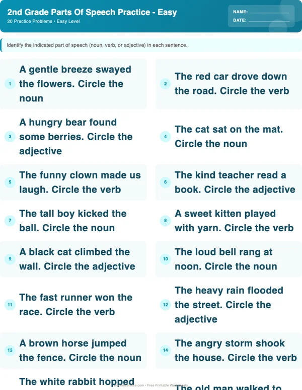 2nd Grade Parts of Speech Worksheets - Ocean Theme (Easy)