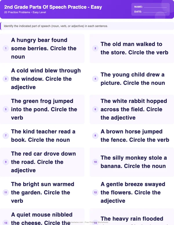 2nd Grade Parts of Speech Worksheets - Space Theme (Easy)