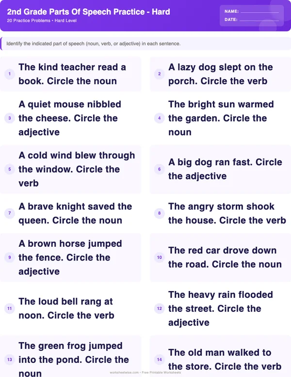 2nd Grade Parts of Speech Worksheets - Space Theme (Hard)