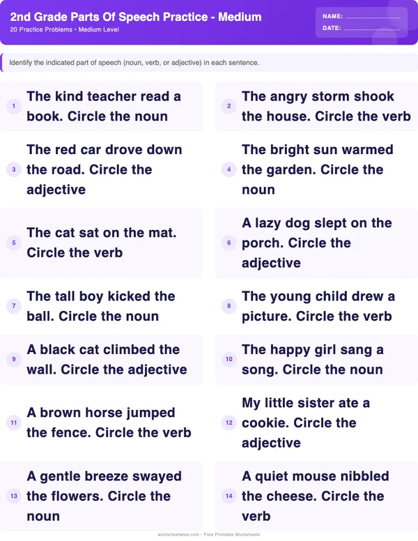 2nd Grade Parts of Speech Worksheets - Space Theme (Medium)
