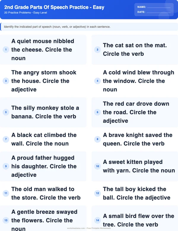 2nd Grade Parts of Speech Worksheets - Standard Theme (Easy)