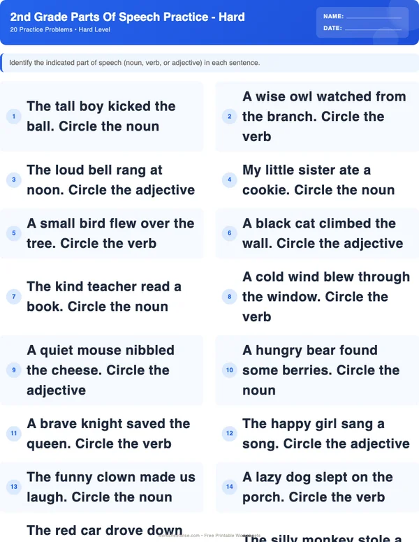 2nd Grade Parts of Speech Worksheets - Standard Theme (Hard)