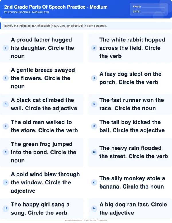 2nd Grade Parts of Speech Worksheets - Standard Theme (Medium)
