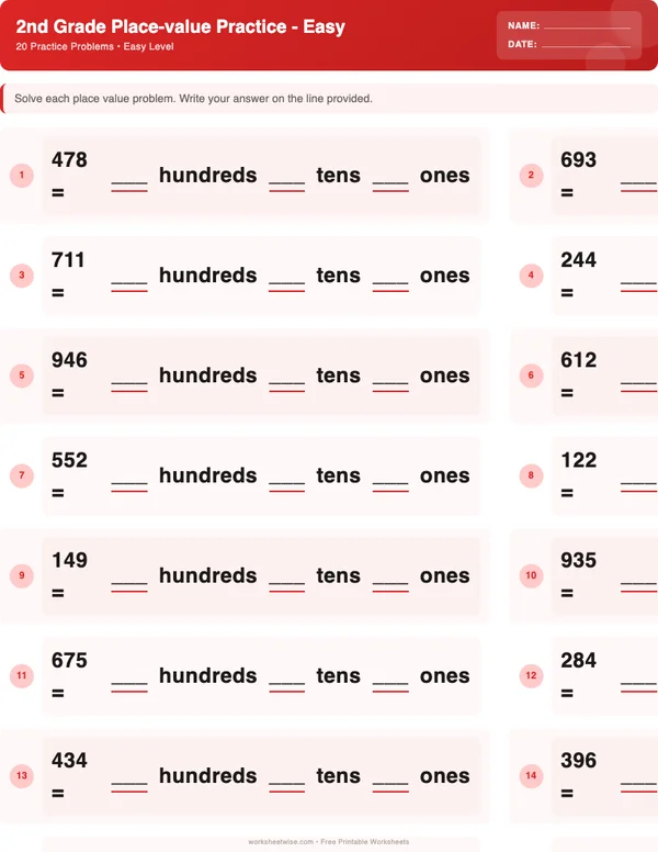 2nd Grade Place Value Worksheets - Christmas Theme (Easy)