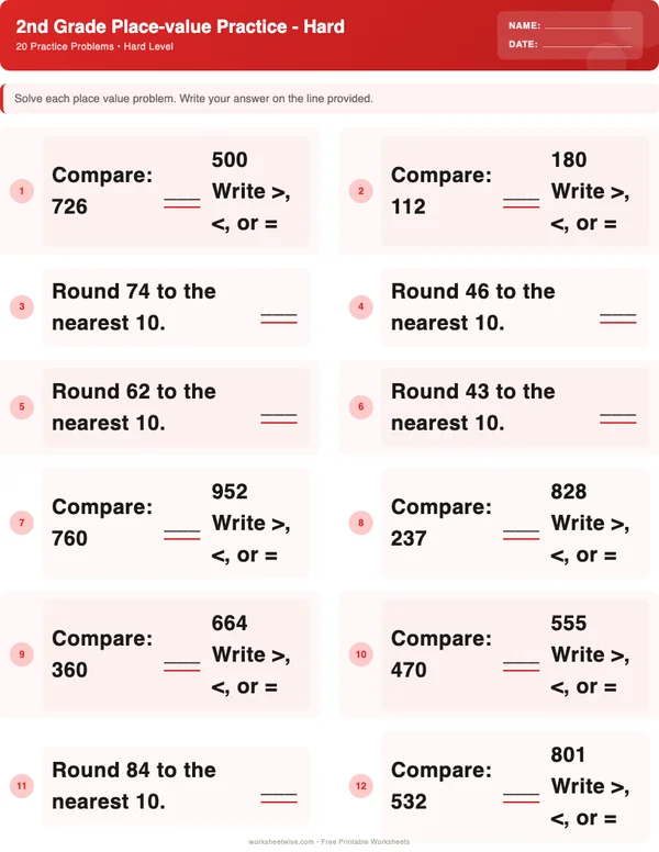 2nd Grade Place Value Worksheets - Christmas Theme (Hard)