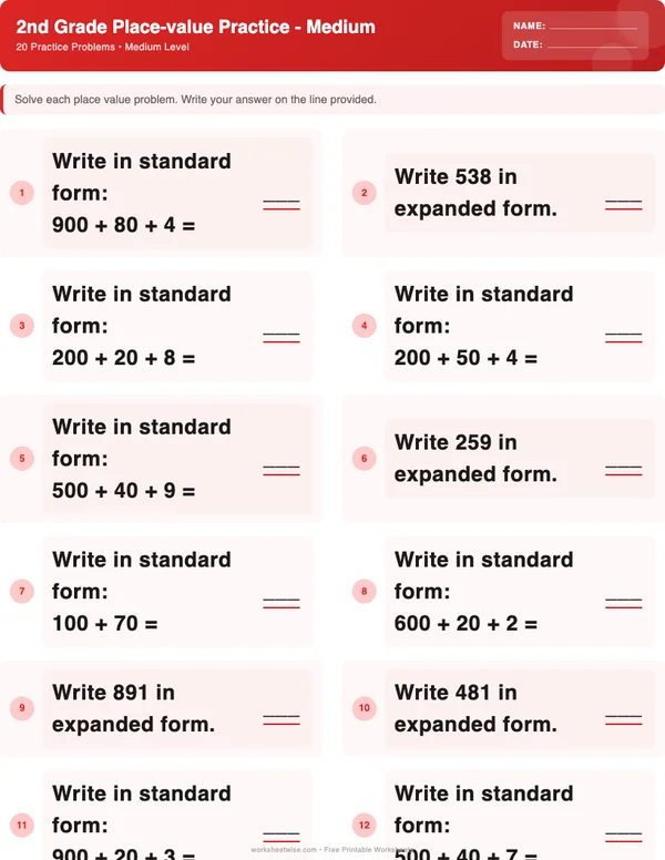 2nd Grade Place Value Worksheets - Christmas Theme (Medium)