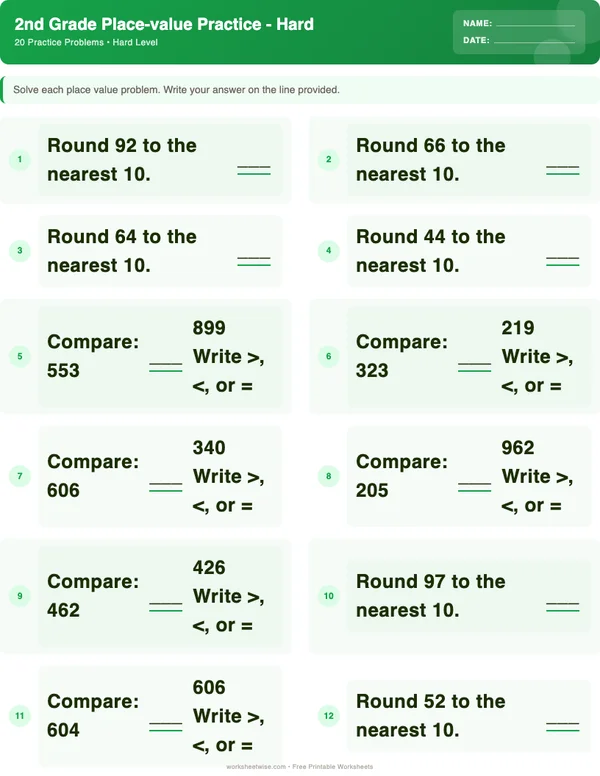 2nd Grade Place Value Worksheets - Dinosaur Theme (Hard)