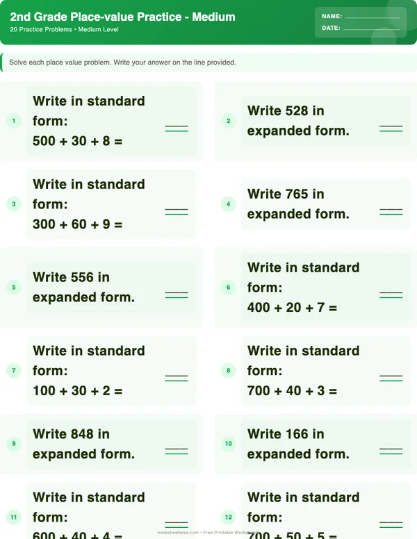 2nd Grade Place Value Worksheets - Dinosaur Theme (Medium)