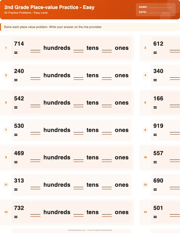 2nd Grade Place Value Worksheets - Halloween Theme (Easy)