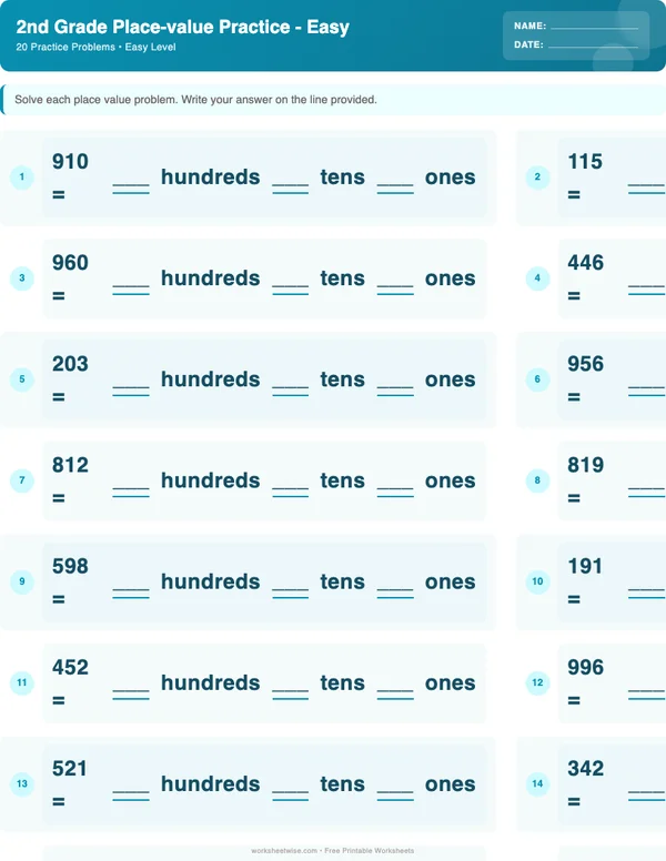 2nd Grade Place Value Worksheets - Ocean Theme (Easy)