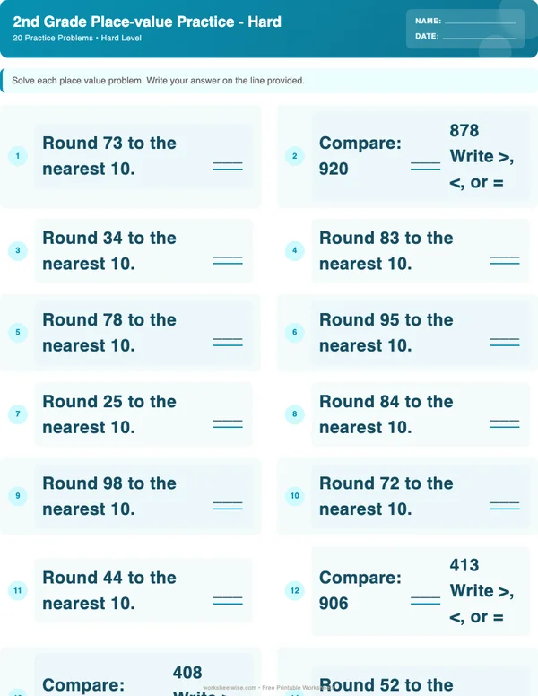 2nd Grade Place Value Worksheets - Ocean Theme (Hard)