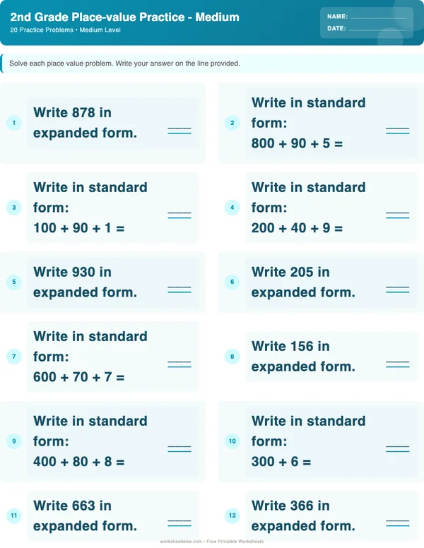 2nd Grade Place Value Worksheets - Ocean Theme (Medium)
