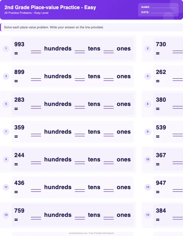2nd Grade Place Value Worksheets - Space Theme (Easy)