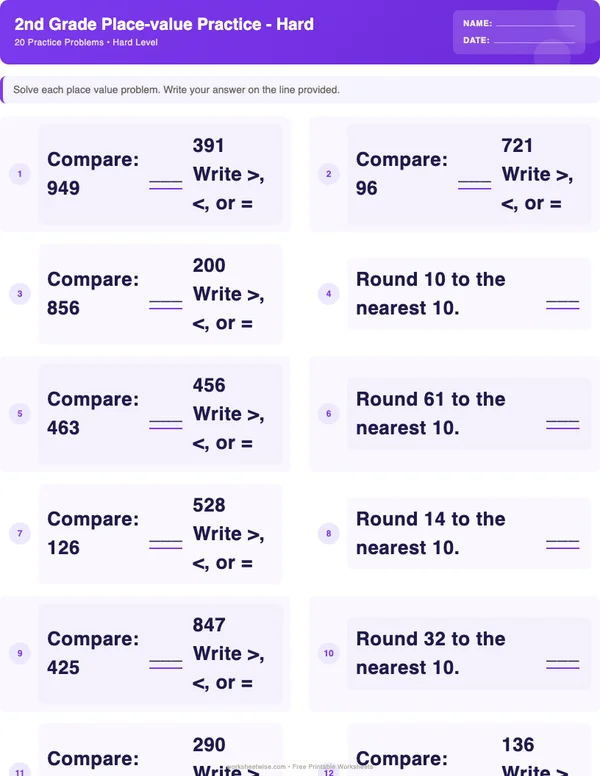 2nd Grade Place Value Worksheets - Space Theme (Hard)