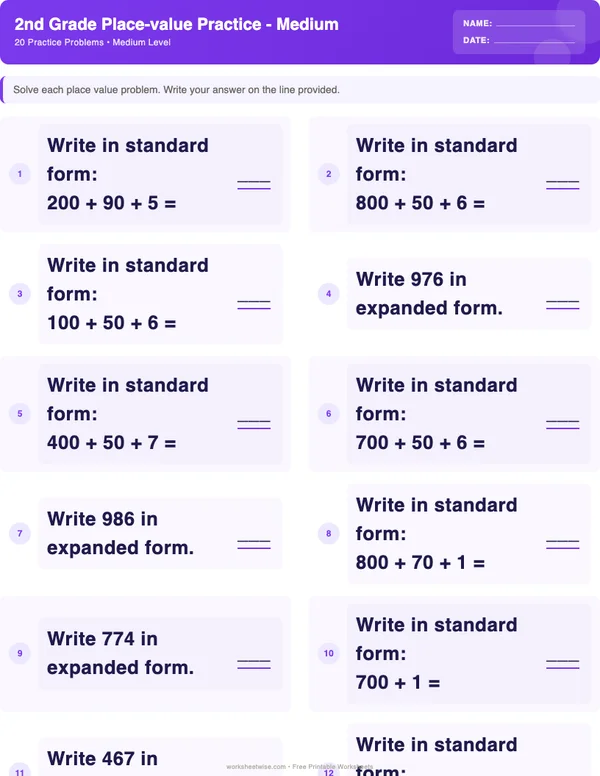 2nd Grade Place Value Worksheets - Space Theme (Medium)