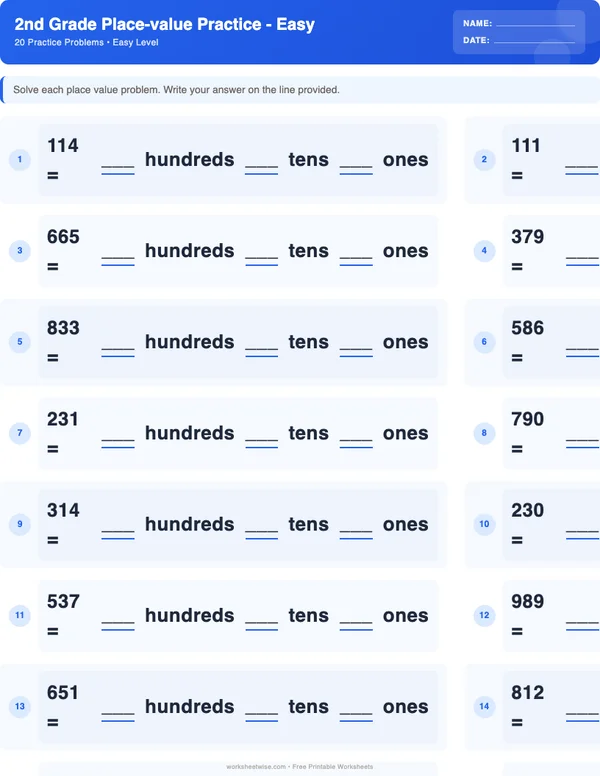 2nd Grade Place Value Worksheets - Standard Theme (Easy)