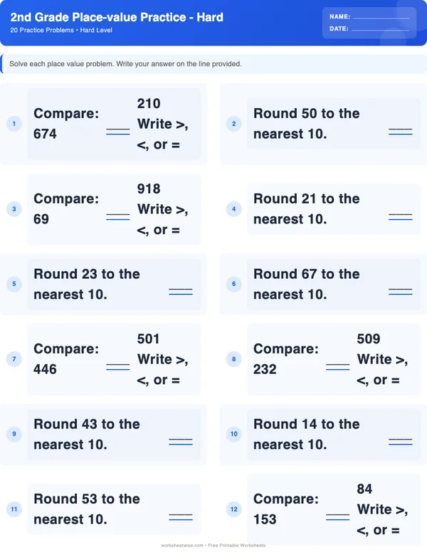 2nd Grade Place Value Worksheets - Standard Theme (Hard)