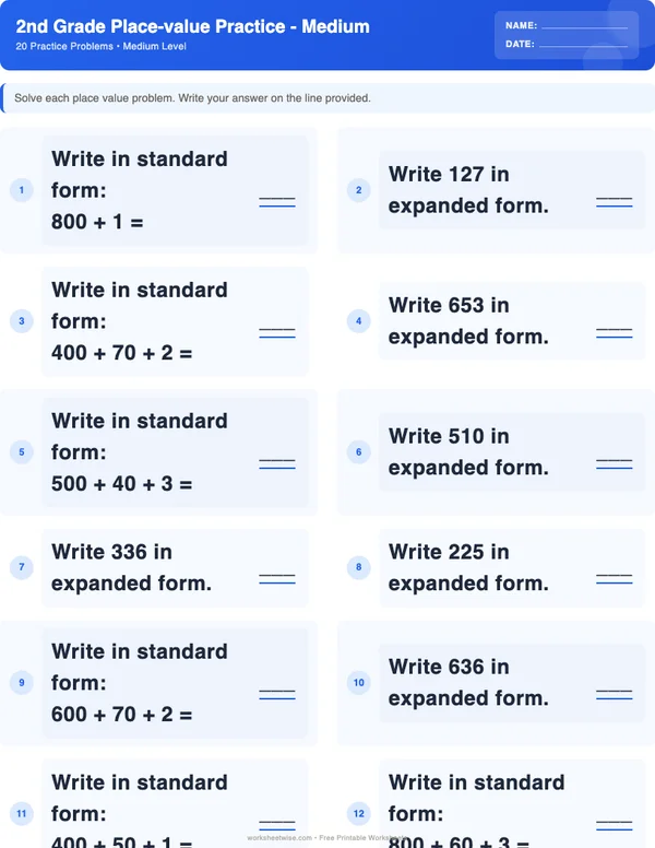 2nd Grade Place Value Worksheets - Standard Theme (Medium)