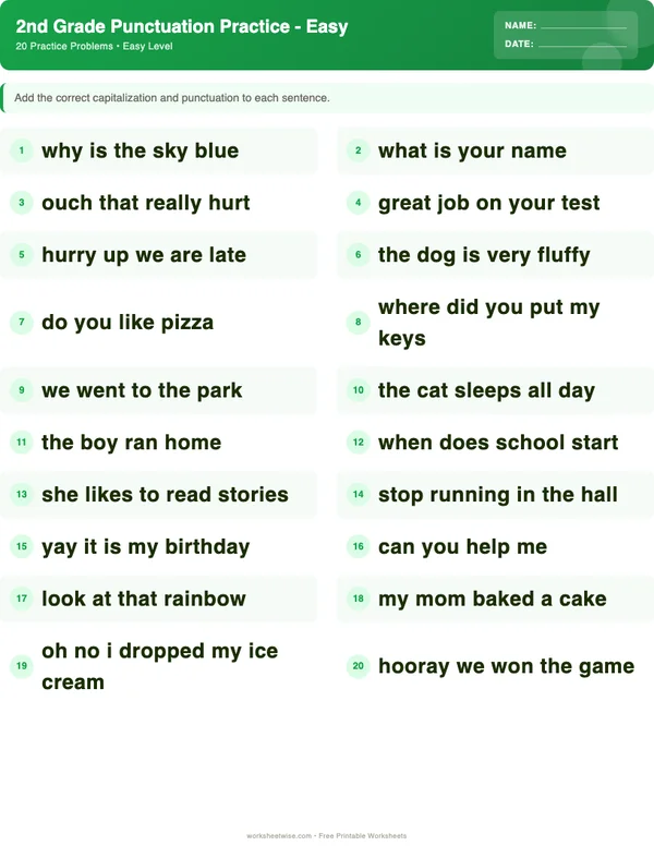 2nd Grade Punctuation Worksheets - Dinosaur Theme (Easy)