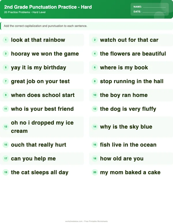 2nd Grade Punctuation Worksheets - Dinosaur Theme (Hard)